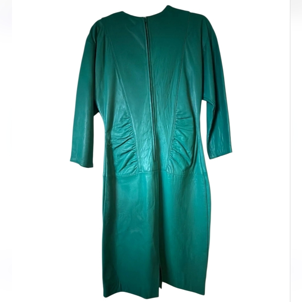 VINTAGE 80s TEAL GREEN LEATHER KNEE LENGTH DRESS WOMENS SMALL - Picture 2 of 6